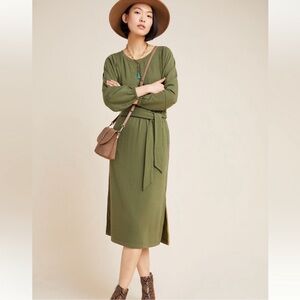 By Anthropologie‎ Thalia Midi Dress Moss Green Belt Waist Lagenlook Midi Size S
